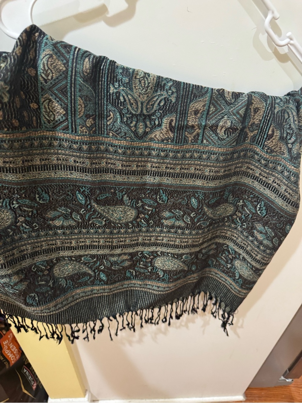 pashmina Teal and Brown Paisley Fringe Scarf